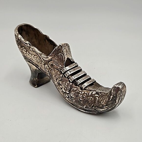 Silver Metal Victorian Floral Ladies Elf Slipper / Shoe - Picture 1 of 11